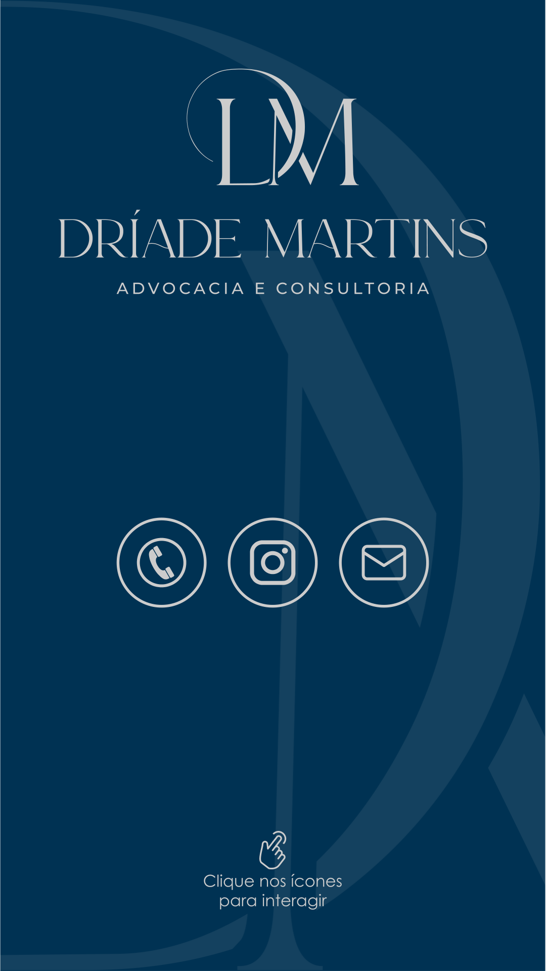 Cartão digital original do escritório, com botões para WhatsApp, Instagram e e-mail.